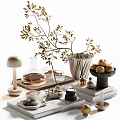 Elegant Decorative Ornament Set With Golden Branches Vase Pears Candle Tray Books And Lamp