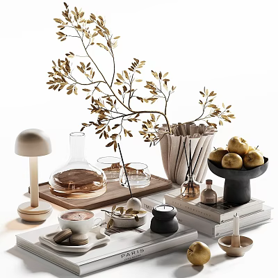 Elegant Decorative Ornament Set With Golden Branches Vase Pears Candle Tray Books And Lamp 3d model