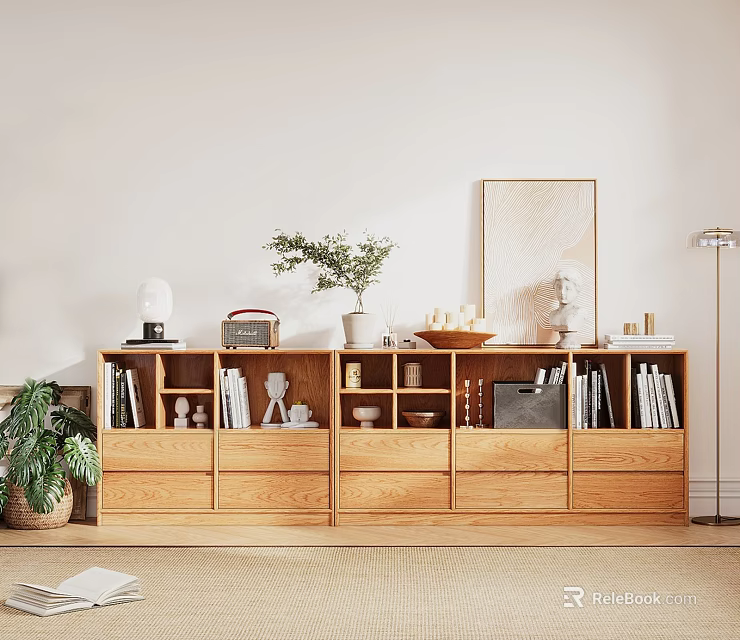 Natural Wooden Entryway Console Table With Open Shelves Books Potted Plant And Lamp 3d model 