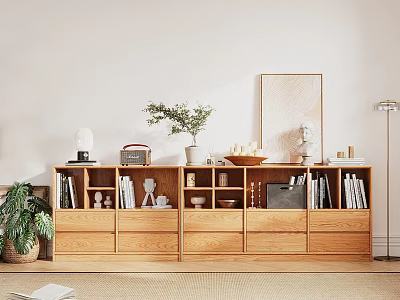 Natural Wooden Entryway Console Table With Open Shelves Books Potted Plant And Lamp 3d model
