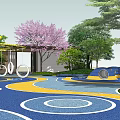 Colorful Children's Playground Design Featuring Blue Yellow Paved Areas Circular Patterns Trees And Greenery