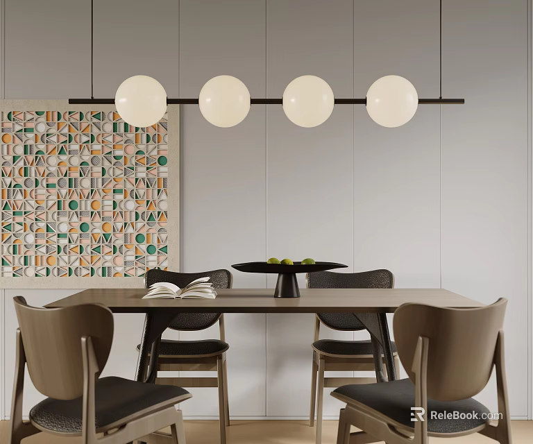 Four Spherical Pendant Lights Hanging Over Wooden Dining Table With Chairs And Abstract Wall Art 3d model 