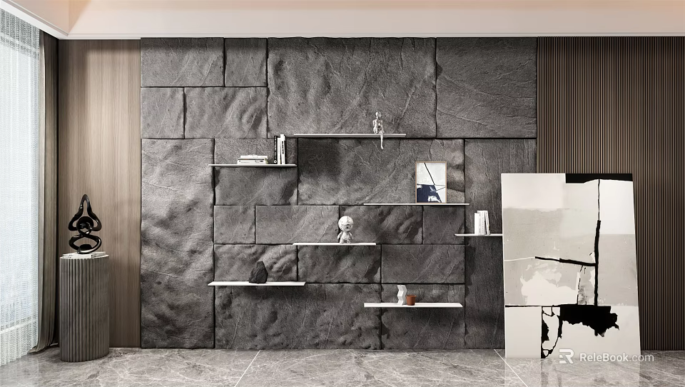 Elegant Modern Stone Background Wall With Floating Shelves And Decorative Items 3d model 