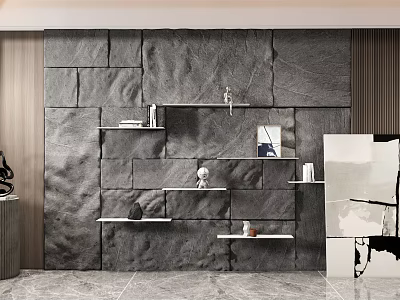 Elegant Modern Stone Background Wall With Floating Shelves And Decorative Items 3d model