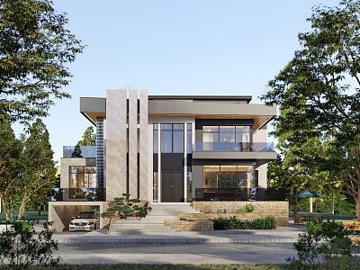 Modern Detached Villa Exterior Design With Large Glass Windows Driveway And Trees Surrounding 3d model