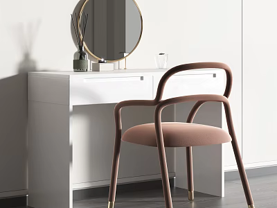 Modern White Dressing Table with Round Mirror Small Decor and Pink Curved Armchair 3d model