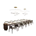 Modern Dining Table Set With Long Table Matching Chairs And Hanging Pendant Lights 3d model