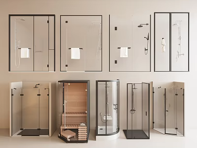 Modern Shower And Sauna Components With Glass Enclosures And Wooden Structures 3d model