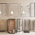 Modern Shower And Sauna Components With Glass Enclosures And Wooden Structures