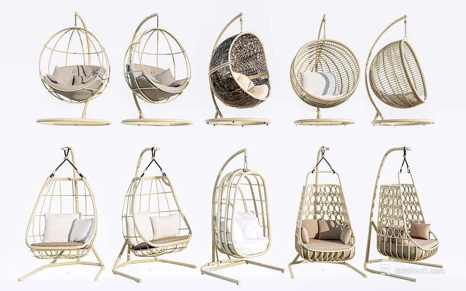 Various Styles of Modern Outdoor Hanging Chairs With Woven Design And Comfortable Seats 3d model 