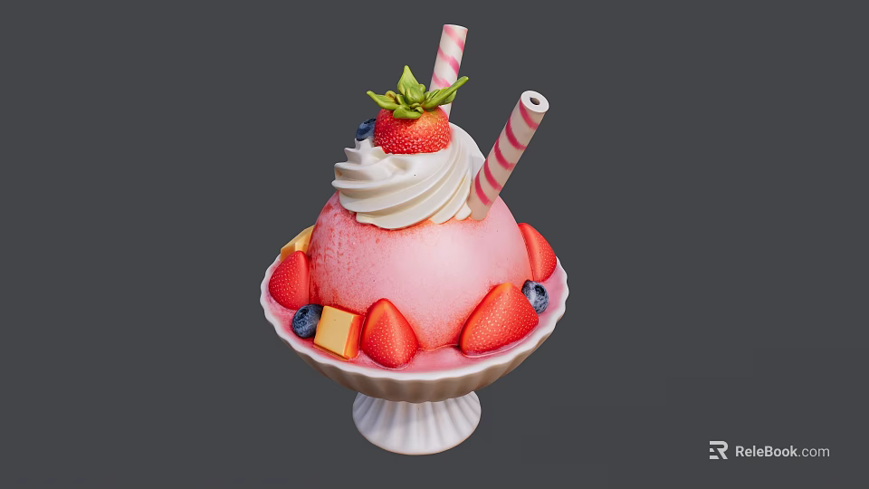 Pink Shaved Ice Dessert With Fresh Strawberry Whipped Cream And Striped Straws In White Bowl 3d model 