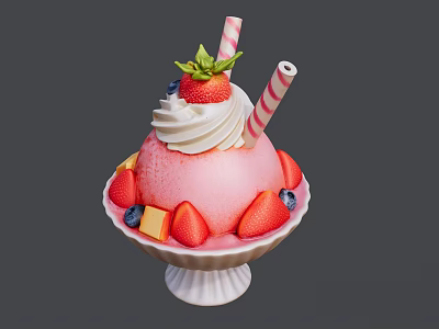 Pink Shaved Ice Dessert With Fresh Strawberry Whipped Cream And Striped Straws In White Bowl 3d model