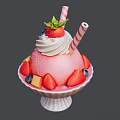 Pink Shaved Ice Dessert With Fresh Strawberry Whipped Cream And Striped Straws In White Bowl