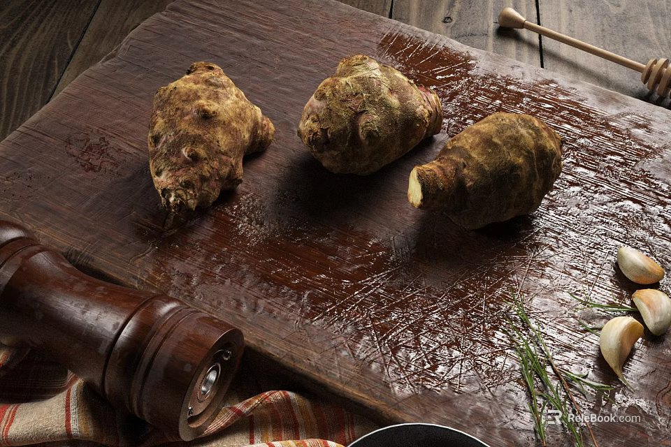 Fresh Jerusalem Artichokes on Wooden Cutting Board with Pepper Grinder Garlic and Herbs 3d model 