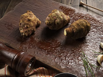 Fresh Jerusalem Artichokes on Wooden Cutting Board with Pepper Grinder Garlic and Herbs 3d model
