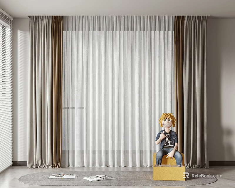 Layered White Sheer And Brown Curtains In Room With Yellow Box And Doll 3d model 