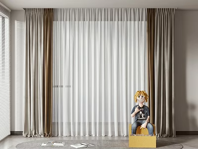 Layered White Sheer And Brown Curtains In Room With Yellow Box And Doll 3d model