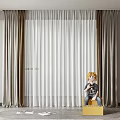 Layered White Sheer And Brown Curtains In Room With Yellow Box And Doll