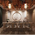 Chinese Style Interior Design With Wooden Lattice Circular Wall Art And Hanging Floral Decorations
