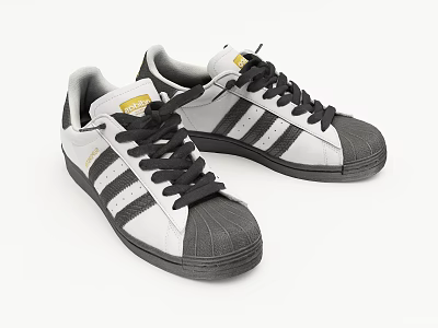 Classic Casual Shoes White Upper Black Stripes Golden Logo Black Laces Rubber Toe Cap 3d model