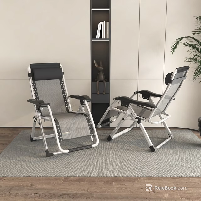 Folding Lounge Chairs with Black Mesh and Silver Metal Frame in Indoor Living Room 3d model 