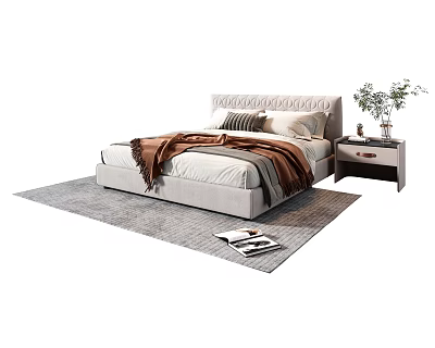 Cozy Double Bed with Upholstered Headboard Blanket Pillows Wooden Nightstand Vase on Soft Rug 3d model