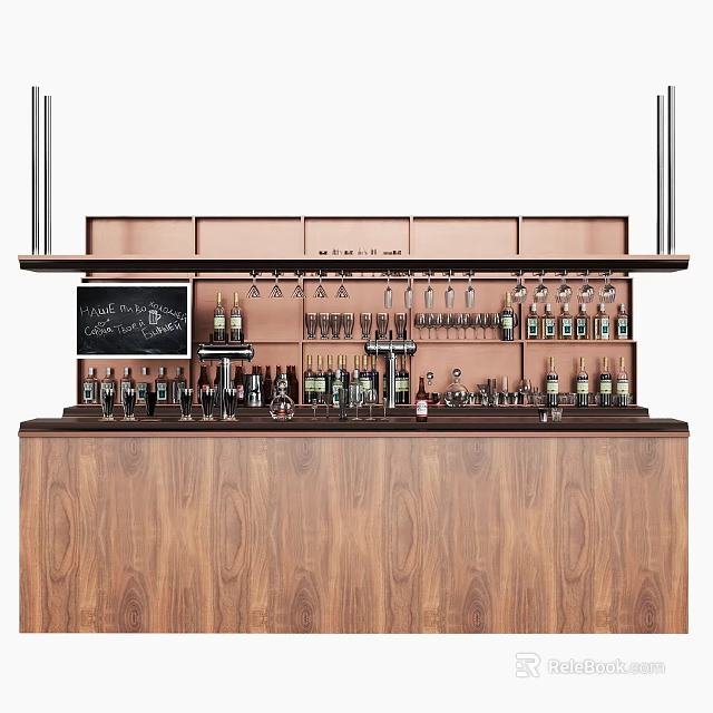 Elegant Bar Interior With Wooden Counter Copper Shelves Bottles And Glasses 3d model 
