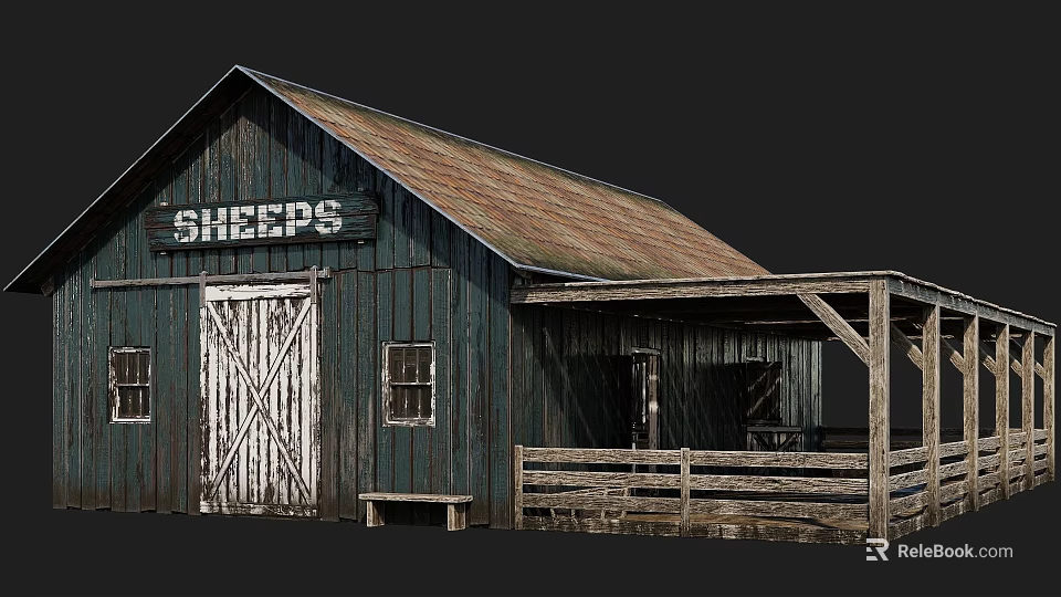 Rustic Sheep Barn Exterior With Weathered Brown Roof Dark Green Walls Wooden Porch And Fence 3d model 