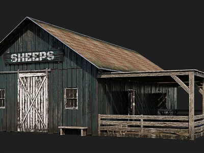 Rustic Sheep Barn Exterior With Weathered Brown Roof Dark Green Walls Wooden Porch And Fence 3d model
