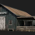 Rustic Sheep Barn Exterior With Weathered Brown Roof Dark Green Walls Wooden Porch And Fence