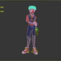 Game and Movie Character With Teal Hair Red Blue Costume Brown Bag and Red Sneakers