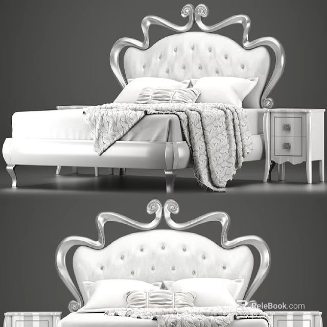 Elegant Classic Double Bed With Tufted Headboard Silver Trim Soft Blanket And Matching Nightstand 3d model 