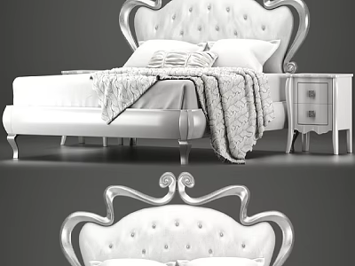 Elegant Classic Double Bed With Tufted Headboard Silver Trim Soft Blanket And Matching Nightstand 3d model