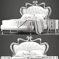 Elegant Classic Double Bed With Tufted Headboard Silver Trim Soft Blanket And Matching Nightstand