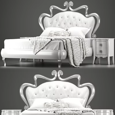 Elegant Classic Double Bed With Tufted Headboard Silver Trim Soft Blanket And Matching Nightstand 3d model