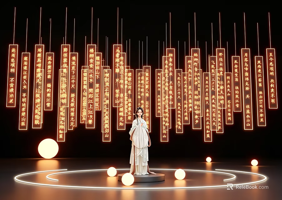 Interactive Area With Traditional Costume Statue Hanging Illuminated Text Panels And Circular Lights 3d model 