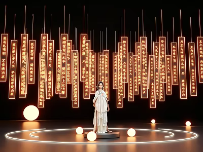 Interactive Area With Traditional Costume Statue Hanging Illuminated Text Panels And Circular Lights 3d model