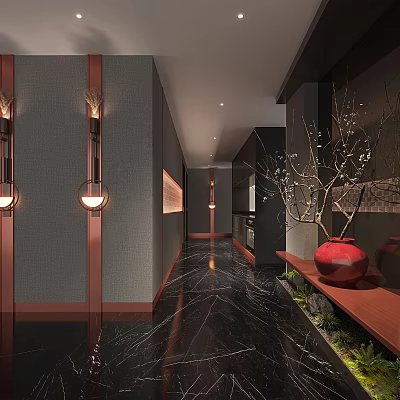 Elegant Hotel Corridor With Gray Walls Hanging Lights Black Marble Floor And Red Vase Branches 3d model