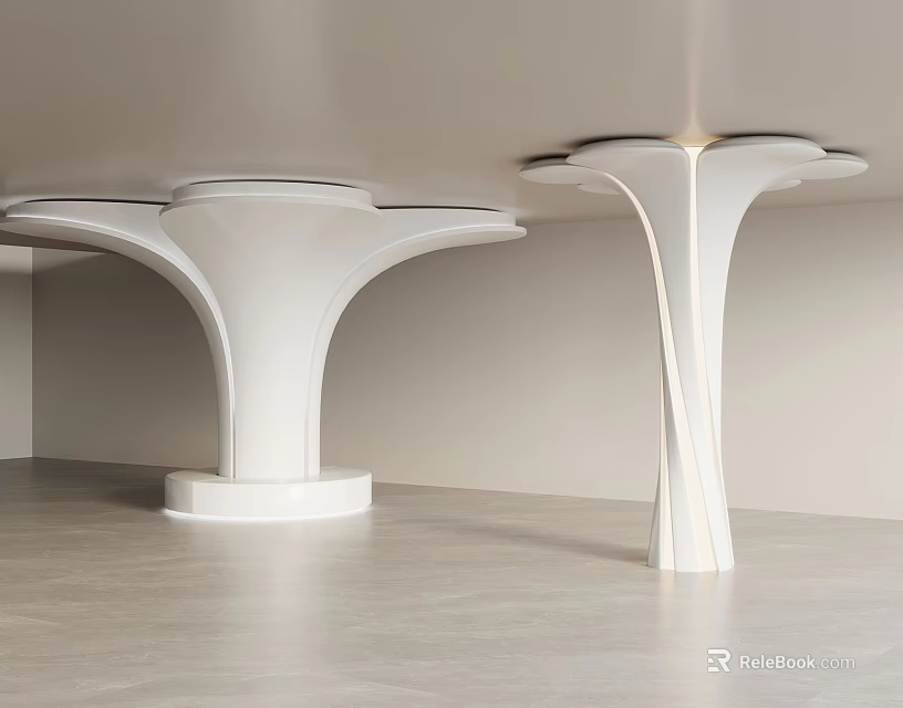 Two Modern White Sculptural Pedestals In Minimalist Interior With Light Floor 3d model 