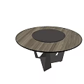 Round Modern Coffee Table With Wood Grain Top And Black Center Geometric Legs