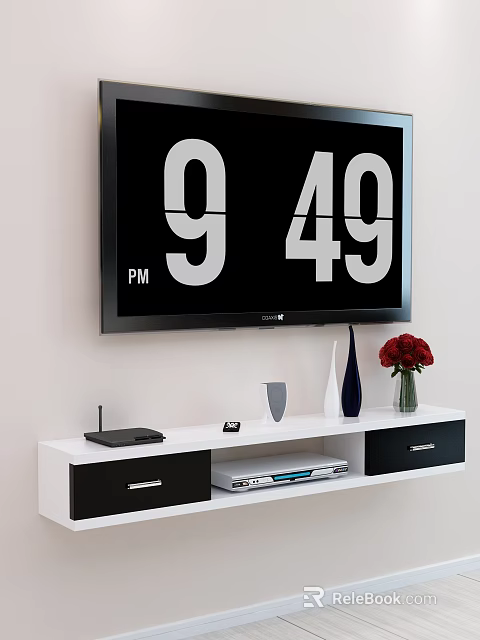White and Black TV Stand with TV Red Roses in Vase Drawers and Decorations 3d model 