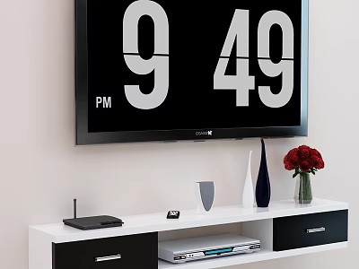 White and Black TV Stand with TV Red Roses in Vase Drawers and Decorations 3d model
