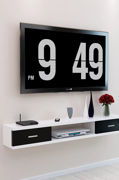 White and Black TV Stand with TV Red Roses in Vase Drawers and Decorations 3d model