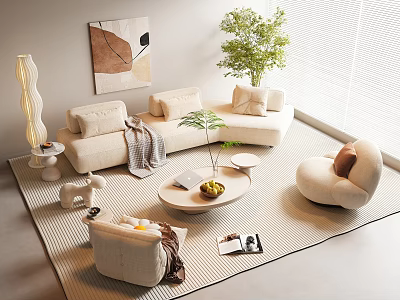 Modern Light Colored Sofa Coffee Table Combination With Round Table Green Plant And Decorative Painting 3d model