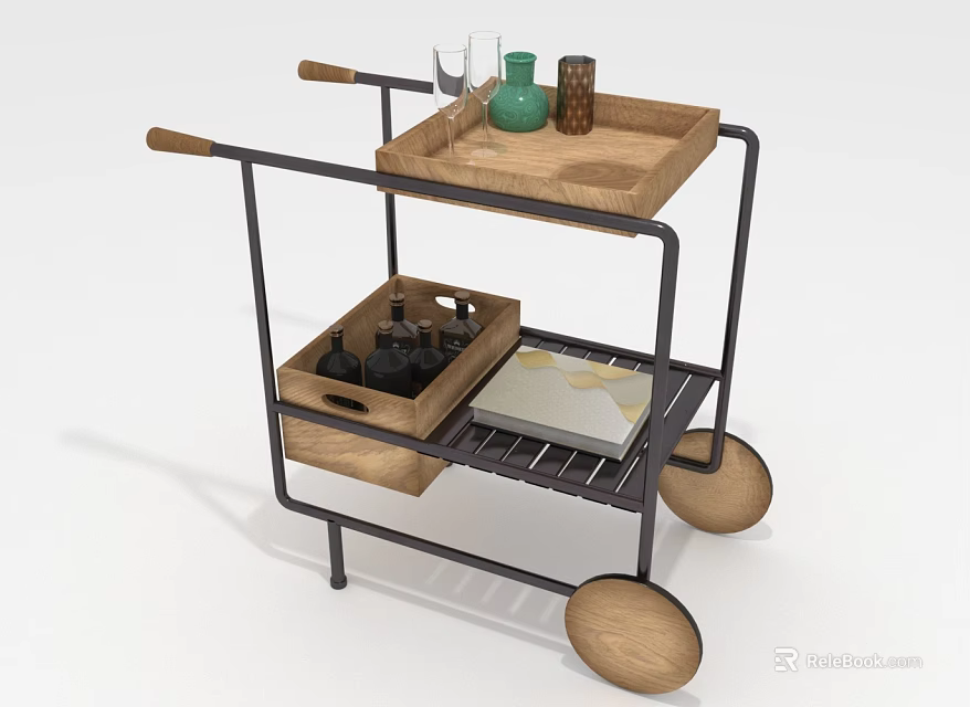Modern Kitchen Trolley With Wooden Tray Green Vase Black Metal Frame And Wooden Wheels 3d model 