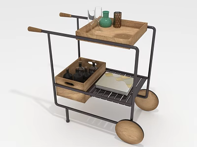 Modern Kitchen Trolley With Wooden Tray Green Vase Black Metal Frame And Wooden Wheels 3d model