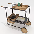 Modern Kitchen Trolley With Wooden Tray Green Vase Black Metal Frame And Wooden Wheels