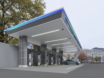 Electric Vehicle Charging Station With Industrial Charging Equipment Multiple Piles And Parked Car 3d model
