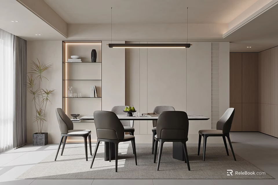 Modern Minimalist Restaurant Interior With Dining Table Chairs Pendant Light And Decorative Shelves 3d model 