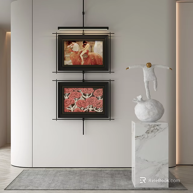 Interior Art Display With Two Framed Paintings And White Sculpture On Marble Pedestal 3d model 
